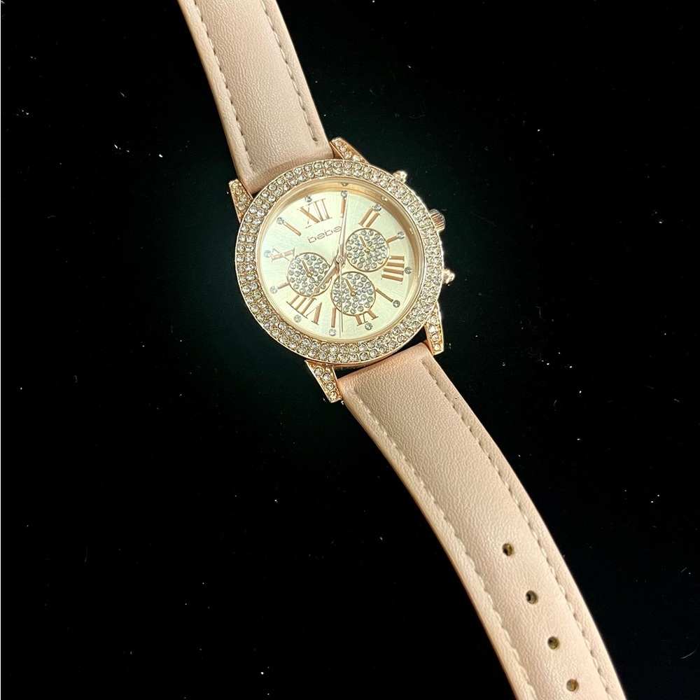 Bebe Rose Gold Crystal Bezel Ladies Watch, Baby Pink Band-New Battery